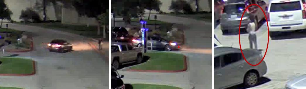 Three-photo collage. Left and center images contain a gray four-door sedan making a left turn out of a parking lot. Right image contains one of the suspects wearing a white sleeveless shirt and gray pants. 